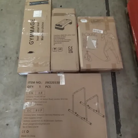 PALLET OF ASSORTED ITEMS INCLUDING GYMMAGE HORIZONTAL BAR, AEROBIC STEP, BOXING KIT, CANTILEVER MOUNT,  BY ONE TURNTABLE 