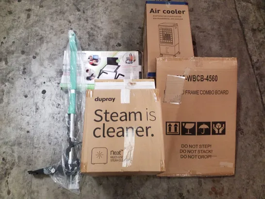 PALLET OF ASSORTED PRODUCTS INCLUDING STEAM CLEANER, LAPTOP DESK, AIR COOOLER, COMBO BOARD, WEED PICKER