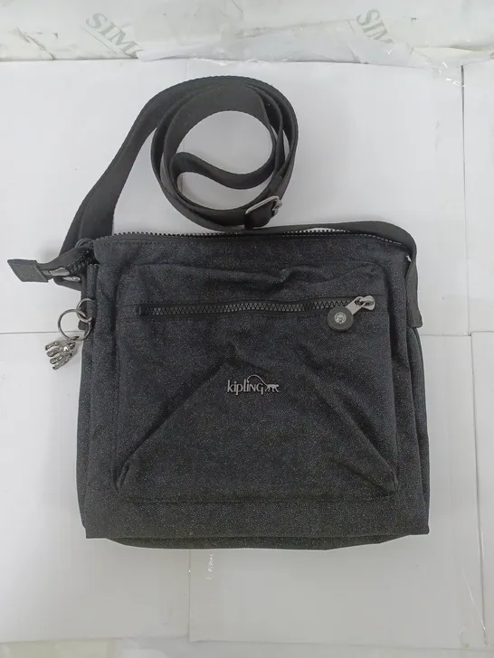 KIPLING SHOULDER BAG IN BLACK GLITTER WITH METALIC GREY MONKEY ACCESSORY 