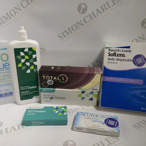 BOX OF APPROX 10 ITEMS INCLUDING BIOTRUE MULTI PURPOSE SOLUTION, BAUSCH&LOMB DAILY DISPOSABLE CONTACT LENS AND ACUVUE OASYS LENSES