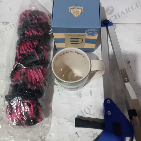 BOX OF APPROXIMATELY 10 ASSORTED HOUSEHOLD ITEMS TO INCLUDE HANDY GRABBER, CORNISH COLOURS 12OZ MUG, KM ELITE 2-COLOUR HAYNET, ETC