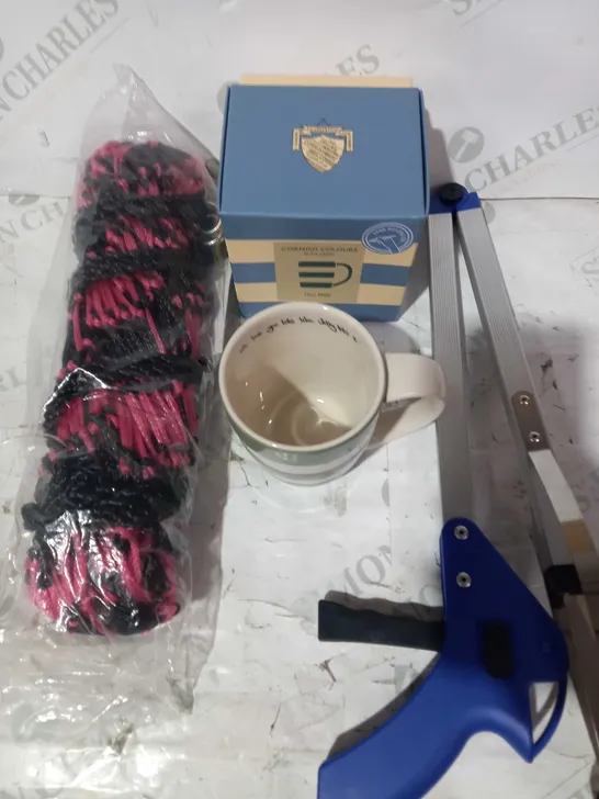 BOX OF APPROXIMATELY 10 ASSORTED HOUSEHOLD ITEMS TO INCLUDE HANDY GRABBER, CORNISH COLOURS 12OZ MUG, KM ELITE 2-COLOUR HAYNET, ETC