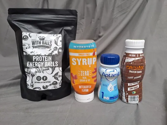 BOX OF APPROXIMATELY 10 ITEMS TO INCLUDE MYPROTEIN SYRUP, GRENADE PROTEIN SHAKE, PROTEIN BALLS ETC