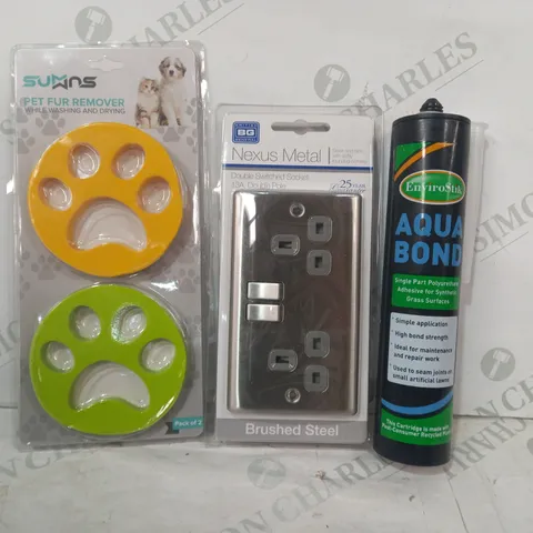 LOT OF APPROXIMATELY 10 ASSORTED HOUSEHOLD ITEMS TO INCLUDE ENVIROSTIK AQUA BOND, NEXUS METAL DOUBLE SWITCHED SOCKET, PET FUR REMOVER, ETC