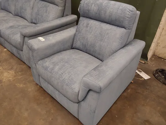 QUALITY ITALIAN DESIGNER LOUNGE SUITE, COMPRISING THREE SEATER SOFA, TWO SEATER SOFA & EASY CHAIR, LIGHT BLUE PLUSH FABRIC 