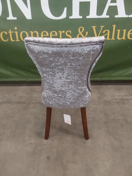 DESIGNER SILVER CRUSHED VELVET UPHOLSTERED DINING CHAIR WITH BROWN LEGS