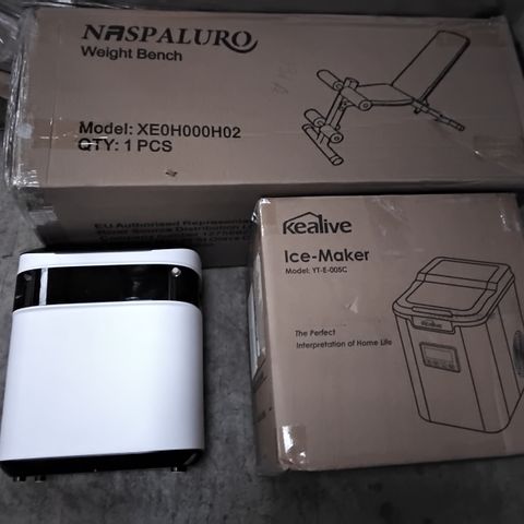 PALLET OF ASSORTED PRODUCTS TO INCLUDE; MOUKEY KARAOKE MACHINE, KEALIVE ICE MAKER, NASPALURO WEIGHT BENCH, SPRING LOADED TENSION ROD AND HOME OXYGEN CONCENTRATOR