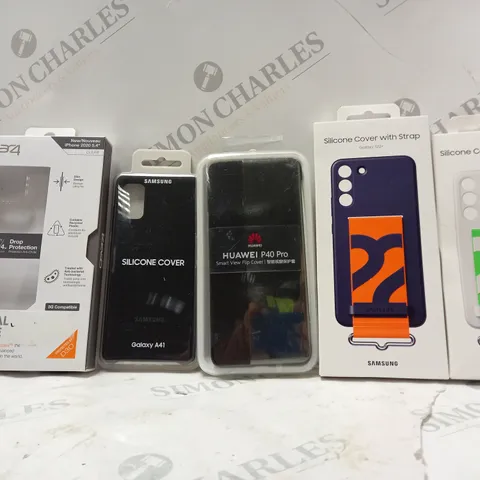 BOX OF APPROX 35 ASSORTED PHONE CASES TO INCLUDE - SAMSUNG SILICONE COVER WITH STRAP S22+ - SAMSUNG SILICONE COVER GALAXY A41 - GEAR 4 CRYSTAL PALACE IPHONE 2020 5.4 ECT