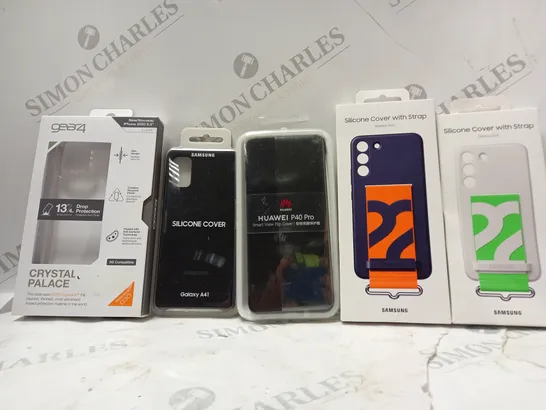 BOX OF APPROX 35 ASSORTED PHONE CASES TO INCLUDE - SAMSUNG SILICONE COVER WITH STRAP S22+ - SAMSUNG SILICONE COVER GALAXY A41 - GEAR 4 CRYSTAL PALACE IPHONE 2020 5.4 ECT