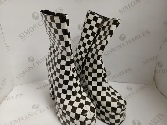 KOI VEGAN BLACK/WHITE CHEQUERED PLATFORM BOOTS - SIZE 6