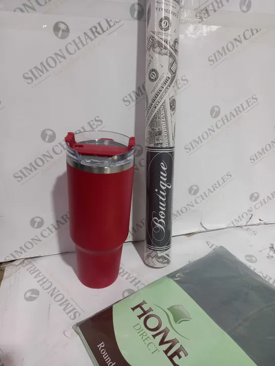 BOX OF APPROXIMATELY 15 ASSORTED ITEMS T INCLUDE COFFE FLASK, MONEY WALLPAPER, WELCOME RUG ETC