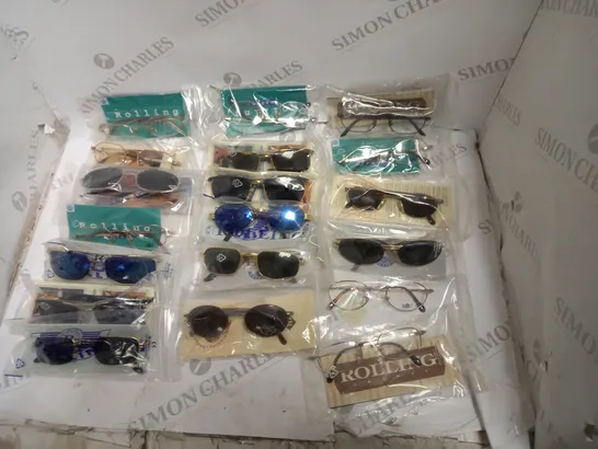 APPROX 18 GLASSES AND SUNGLASSES OF DIFFERENT DESIGNS AND COLOURS - BOXED 