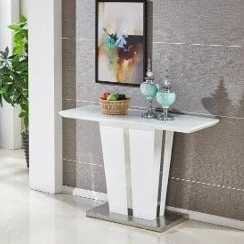 BOXED MEMPHIS WHITE HIGH GLOSS CONSOLE TABLE WITH GLASS TOP (2 BOXES)