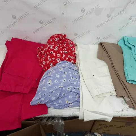 LARGE BOX OF ASSORTED CLOTHING ITEMS TOO INCLUDE TOPS , DRESSES AND TROUSERS COMING IN DIFFERENT COLOURS AND SIZES 