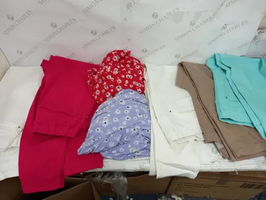 LARGE BOX OF ASSORTED CLOTHING ITEMS TOO INCLUDE TOPS , DRESSES AND TROUSERS COMING IN DIFFERENT COLOURS AND SIZES 