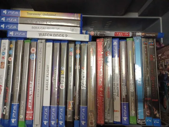 BOX OF APPROX 30 ASSORTED PS4 GAMES. XBOX ONE GAMES AND DVDS 