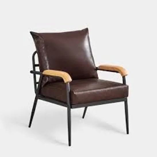 BOXED DARK BROWN LEATHER CHAIR WITH WOODEN ARMS (1 BOX)