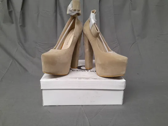 BOXED PAIR OF KOI COUTURE PLATFORM HIGH HEEL SHOES IN BEIGE SIZE 4