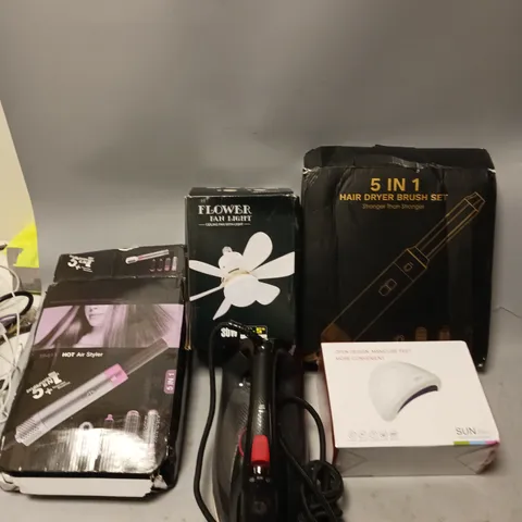 LARGE BOX OF ASSORTED HOUSEHOLD GOODS TO INCLUDE FLOWER FAN LIGHT, SUN ONE, AND 5 IN 1 HAIR DRYER BRUSH ETC. 