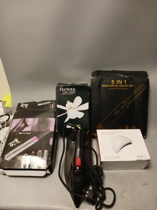 LARGE BOX OF ASSORTED HOUSEHOLD GOODS TO INCLUDE FLOWER FAN LIGHT, SUN ONE, AND 5 IN 1 HAIR DRYER BRUSH ETC. 