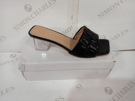 BOXED PAIR OF DESIGNER HEELED SANDALS SIZE 39
