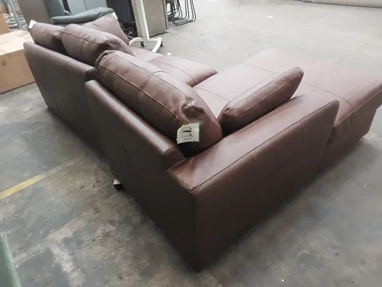 DESIGNER 3 SEATER TAN LEATHER CHAISE SOFA 