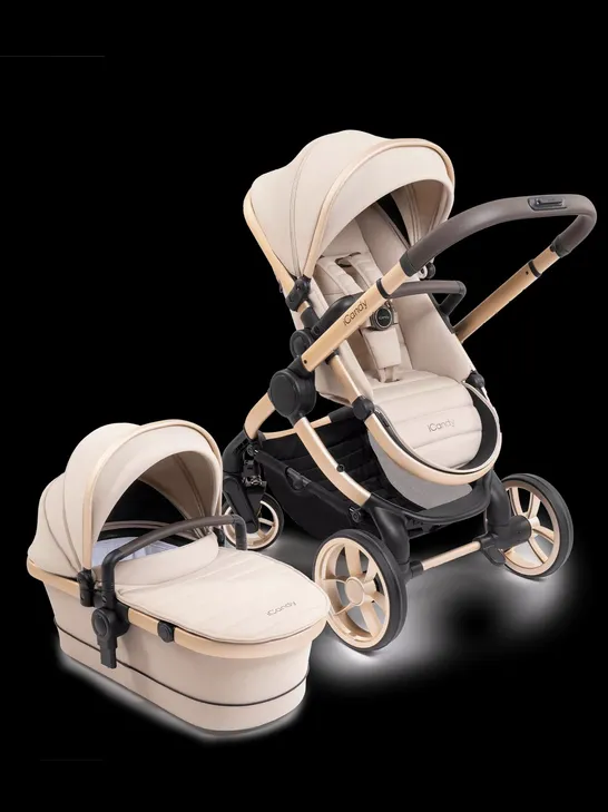 BOXED iCANDY PEACH BISCOTTI ON BLONDE COMBI STROLLER, FABRIC SEAT UNIT & CONVERTER BASE (3 BOXES)