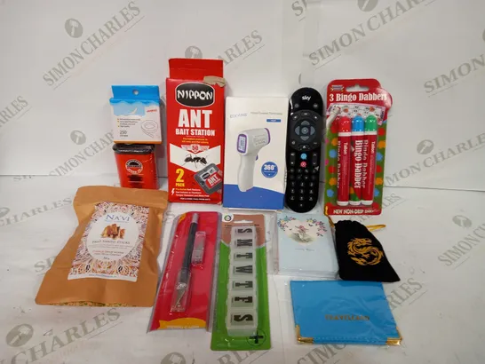 BOX TO CONTAIN APPROX 30 ASSORTED HOUSEHOLD PRODUCTS, INCLUDES INFRARED FOREHEAD THERMOMETER, REMOTE, BINGO MARKERS, TRAVEL WALLET ETC