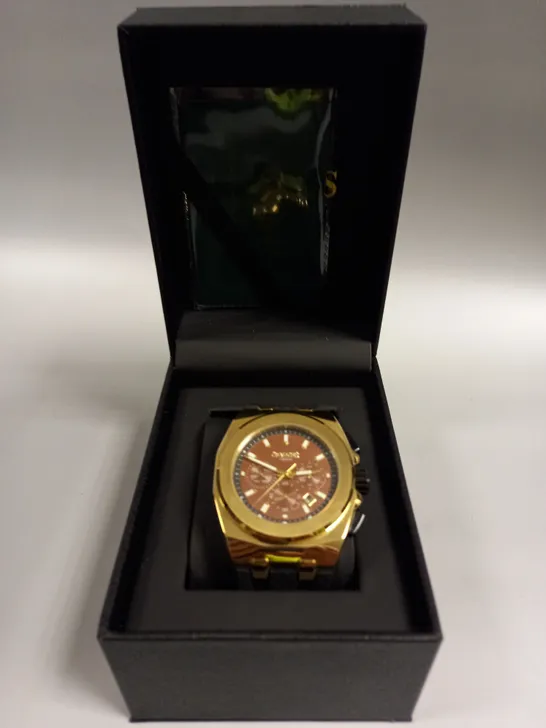 BOXED GAMAGES COMMANDER GOLD COLOUR CASE RUBBER STRAP WATCH 