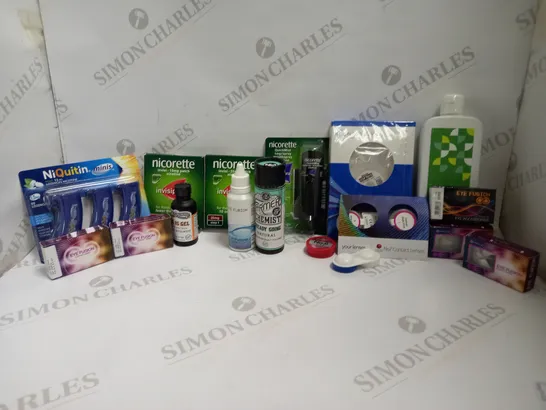 LOT OF APPROXIMATELY 16 HEALTH RELATED PRODUCTS TO INCLUDE NICORETTE QUICKMIST 1MG MOUTH SPRAY, NIQUITIN MINIS MINT 1.5G LOZENGES, SPECSAVERS EASYVISION UNIPURPOSE CLEANER, ETC