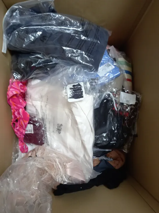 BOX OF APPROXIMATELY 22 ASSORTED CLOTHING ITEMS TO INCLUDE - SHORTS, JACKETS, JUMPERS ETC