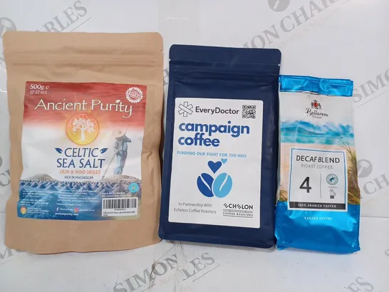 APPROXIMATELY 10 ASSORTED FOOD & DRINK ITEMS TO INCLUDE BELLAROM DECAF BLEND ROAST COFFEE, EVERY DOCTOR CAMPAIGN COFFEE, ANCIENT PURITY CELTIC SEA SALT, ETC