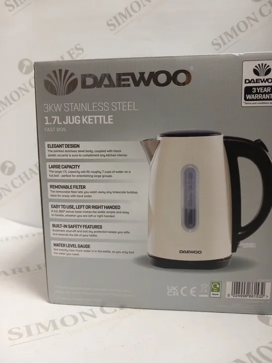 BOXED DAEWOO 3KW STAINLESS STEEL 1.7L JUG KETTLE FAST BOIL