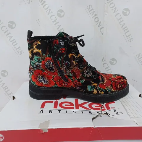 BOXED PAIR OF RIEKER LACE UP BOOTS IN MULTI FLORAL UK SIZE 7.5
