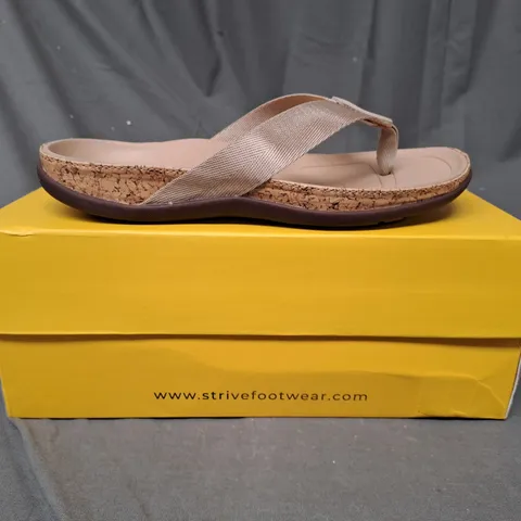 BOXED PAIR OF STRIVE SANDALS IN ALMOND - SIZE 3