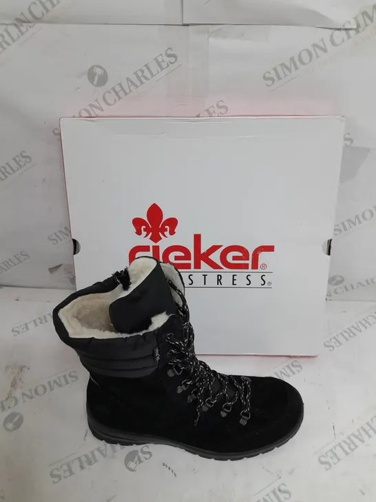 BOXED PAIR OF RIEKER SUEDE WATER RESISTANT BOOTS IN BLACK SIZE 6