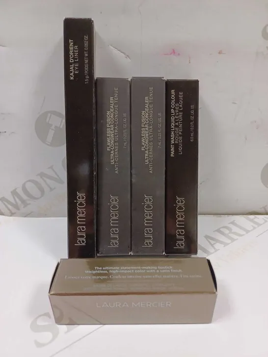 LOT OF 5 ASSORTED LAURA MERCIER PRODUCTS TO INCLUDE EYE LINER, CONCEALER, SILKY LIPSTICK, ETC 