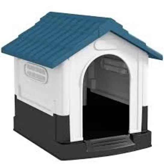 BOXED PAWHUT PLASTIC DOG KENNEL WITH WINDOWS, FOR GARDEN PATIO, MINIATURE AND SMALL DOGS, 80 X 69 X 76CM - BLUE