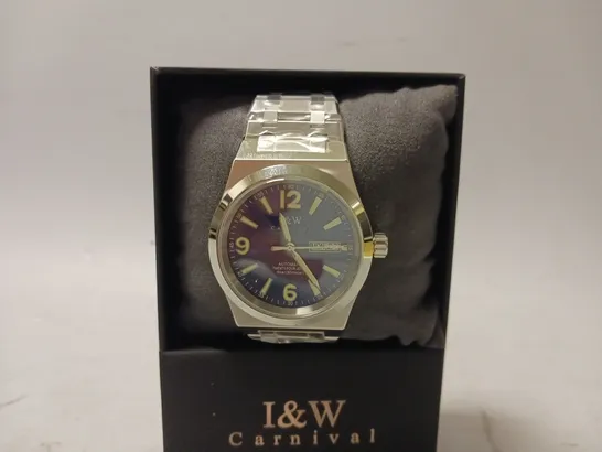 BOXED I&W CARNIVAL MENS AUTOMATIC TWENTY FOUR JEWELS BLUE FACE WATCH