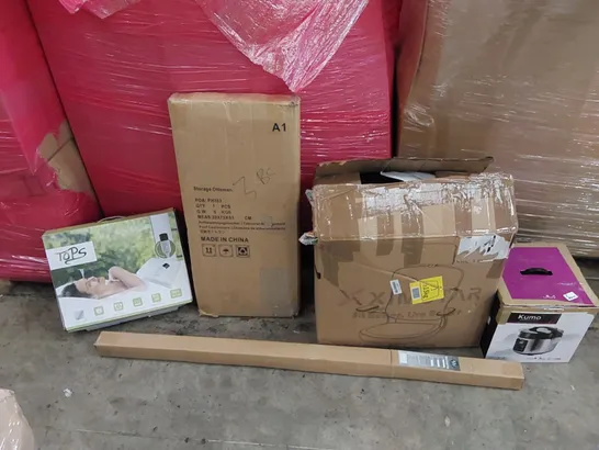 PALLET OF ASSORTED ITEMS INCLUDING: OFFICE CHAIR, ELECTRIC BLANKET, STORAGE OTTOMAN, PRESSURE COOKER, METAL CURTAIN POLE