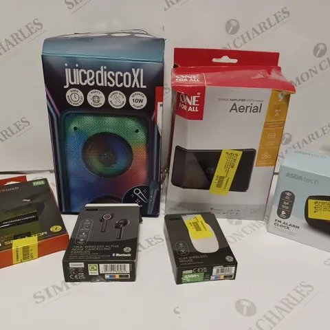 BOX OF APPROX 30 ASSORTED ITEMS INCLUDING JUICEDISCOXL SPEAKER, BLACKWEB HDMI LEAD AND ASDATECH WIRELESS EARBUDS