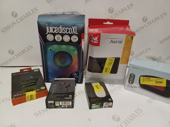 BOX OF APPROX 30 ASSORTED ITEMS INCLUDING JUICEDISCOXL SPEAKER, BLACKWEB HDMI LEAD AND ASDATECH WIRELESS EARBUDS