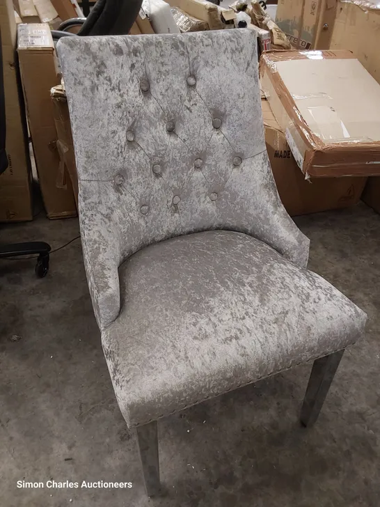 UPHOLSTERED BUTTONED BACK DINING CHAIRS ON SILVER LEGS