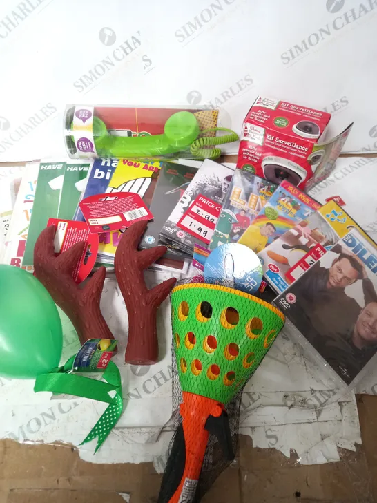 APPROXIMATELY 15 KIDS TOYS AND DVDS INCLUDING CARDS, CLICK AND CATCH, THE WIGGLES