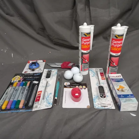 APPROX 20 ASSORTED HOUSEHOLD ITEMS TO INCLUDE EGG TIMER, PENS AND SILICONE