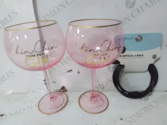 LOT OF 12 PAIRS OF PINK TIME FOR GIN GLASSES AND APPROXIMATELY 40 2M OPTICAL CABLES