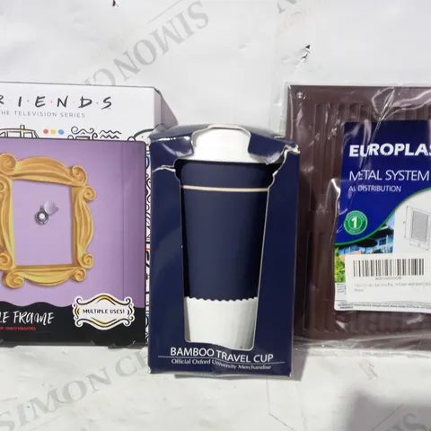 BOX OF APPROXIMATELY 10 ASSORTED HOUSEHOLD ITEMS TO INCLUDE EUROPLAST METAL SYSTEM, BAMBOO TRAVEL MUG, FRIENDS PEEPHOLE FRAME, ETC