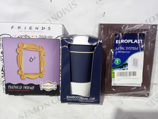 BOX OF APPROXIMATELY 10 ASSORTED HOUSEHOLD ITEMS TO INCLUDE EUROPLAST METAL SYSTEM, BAMBOO TRAVEL MUG, FRIENDS PEEPHOLE FRAME, ETC