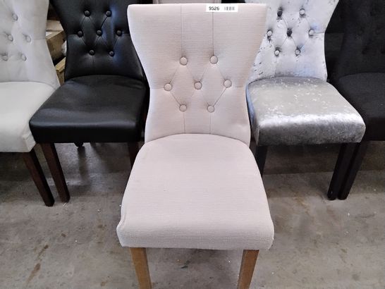 3 DESIGNER CREAM FABRIC CHAIRS WITH LIGHT BROWN WOOD LEGS