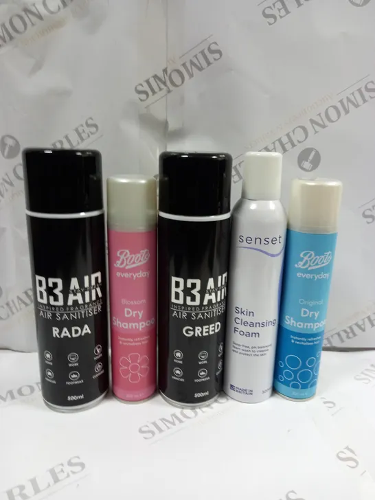 BOX OF APPROX 20 ASSORTED AEROSOLS TO INCLUDE B3 AIR SANITISER, BOOTS DRY SHAMPOO, SENSET CLEANSING FOAM - COLLECTION ONLY